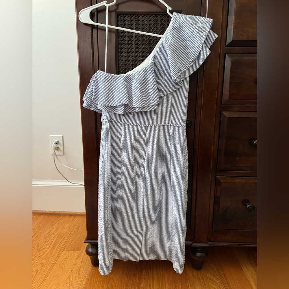 J. Crew Blue and White Asymmetrical Ruffled One-Shoulder Dress